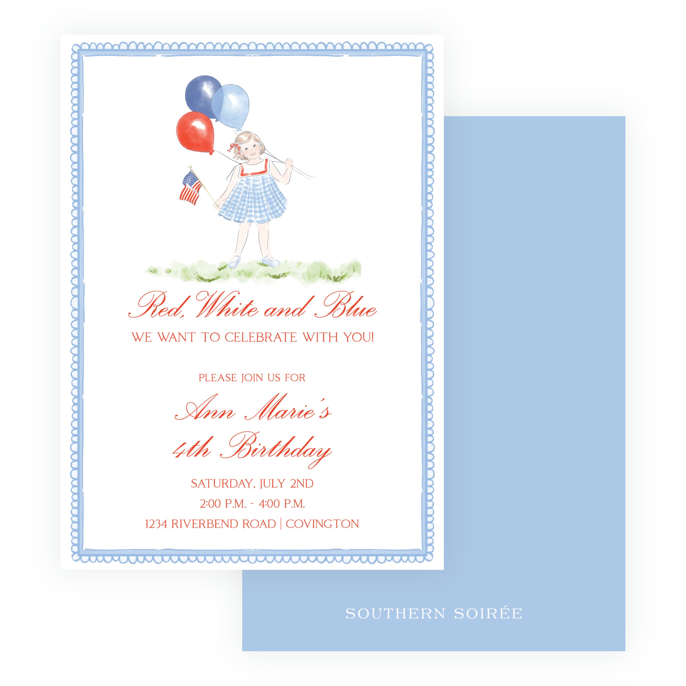 Red white and blue patriotic birthday invitation for girls with watercolor balloon illustration, classic southern children’s party invite with scalloped border and blue backing, custom printed invitation suite