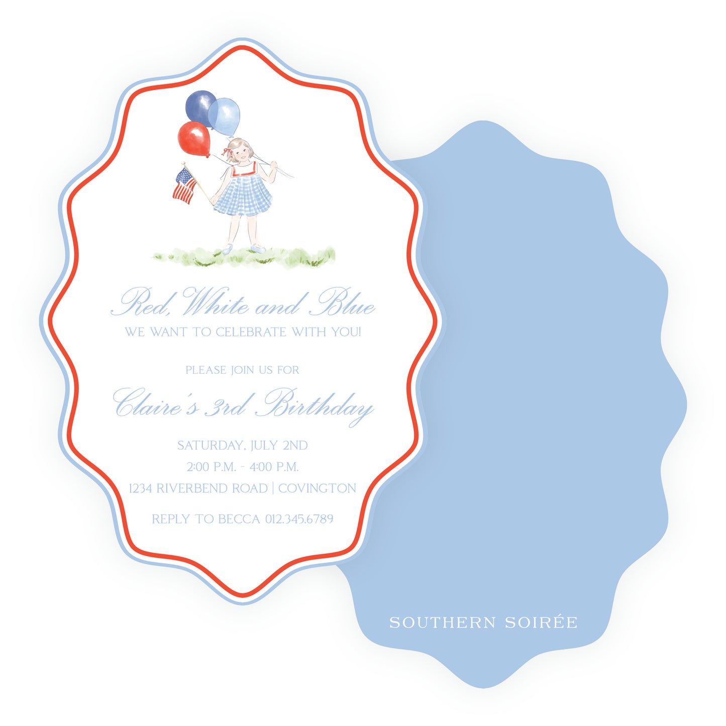 Red white and blue birthday invitation for girls patriotic party with balloons American flag custom children's birthday invite Southern Soiree