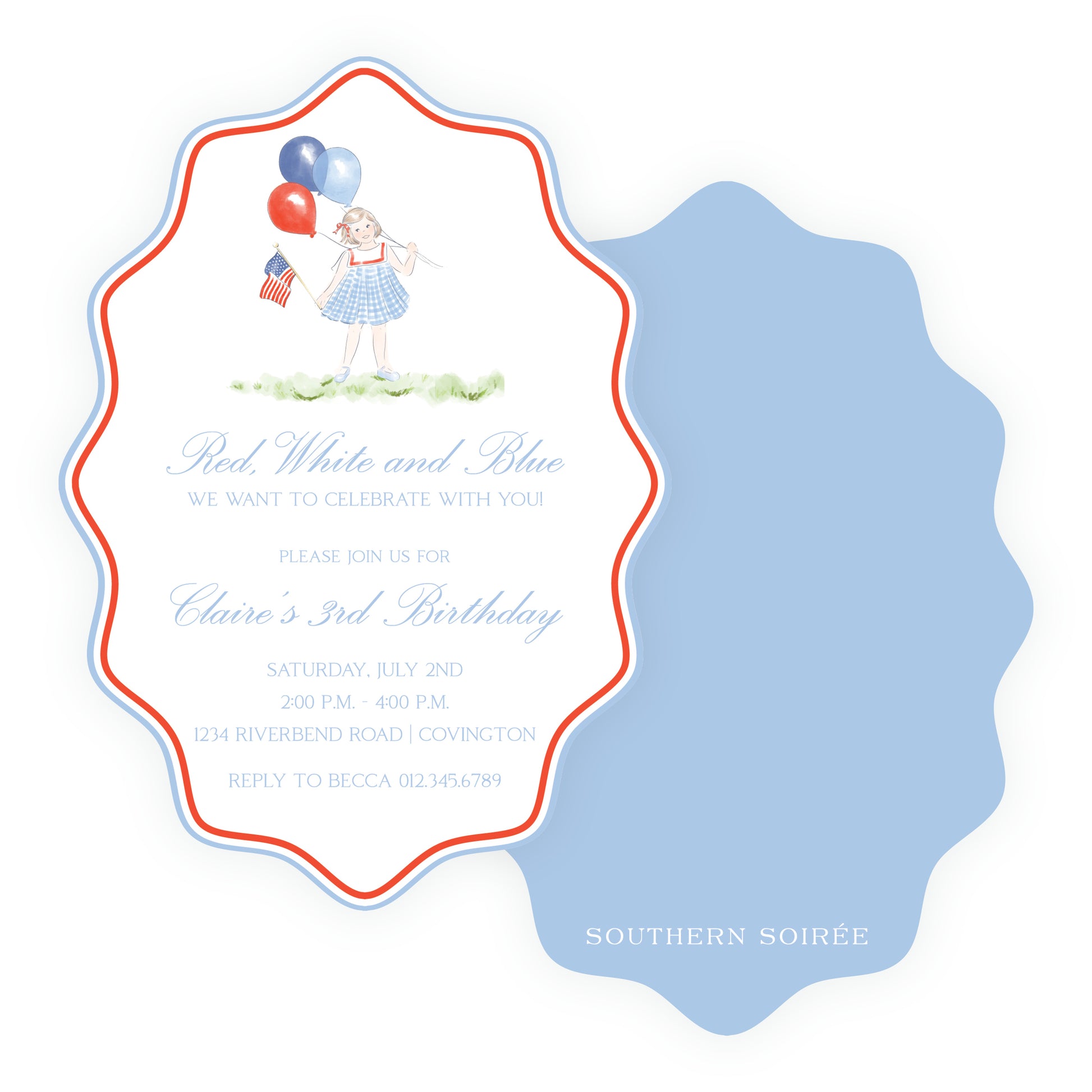 Red white and blue birthday invitation for girls patriotic party with balloons American flag custom children's birthday invite Southern Soiree