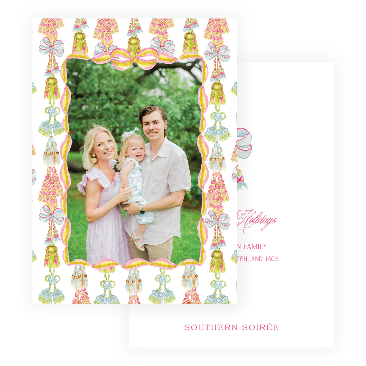 Colorful Regency Tassels Christmas photo card with all-over tassel and bow border around a family photograph