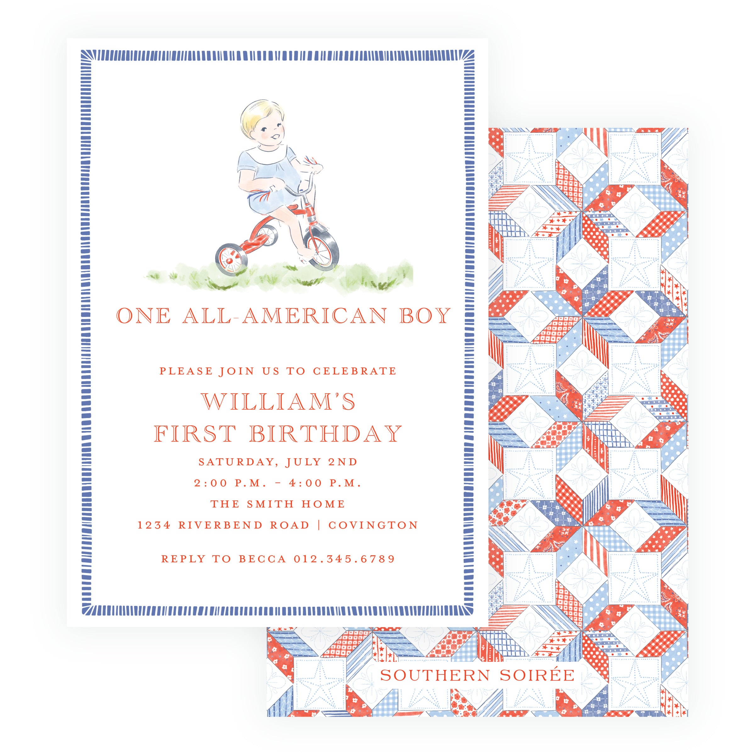 All-American boy first birthday invitation with child riding a red tricycle and patriotic quilt-patterned back