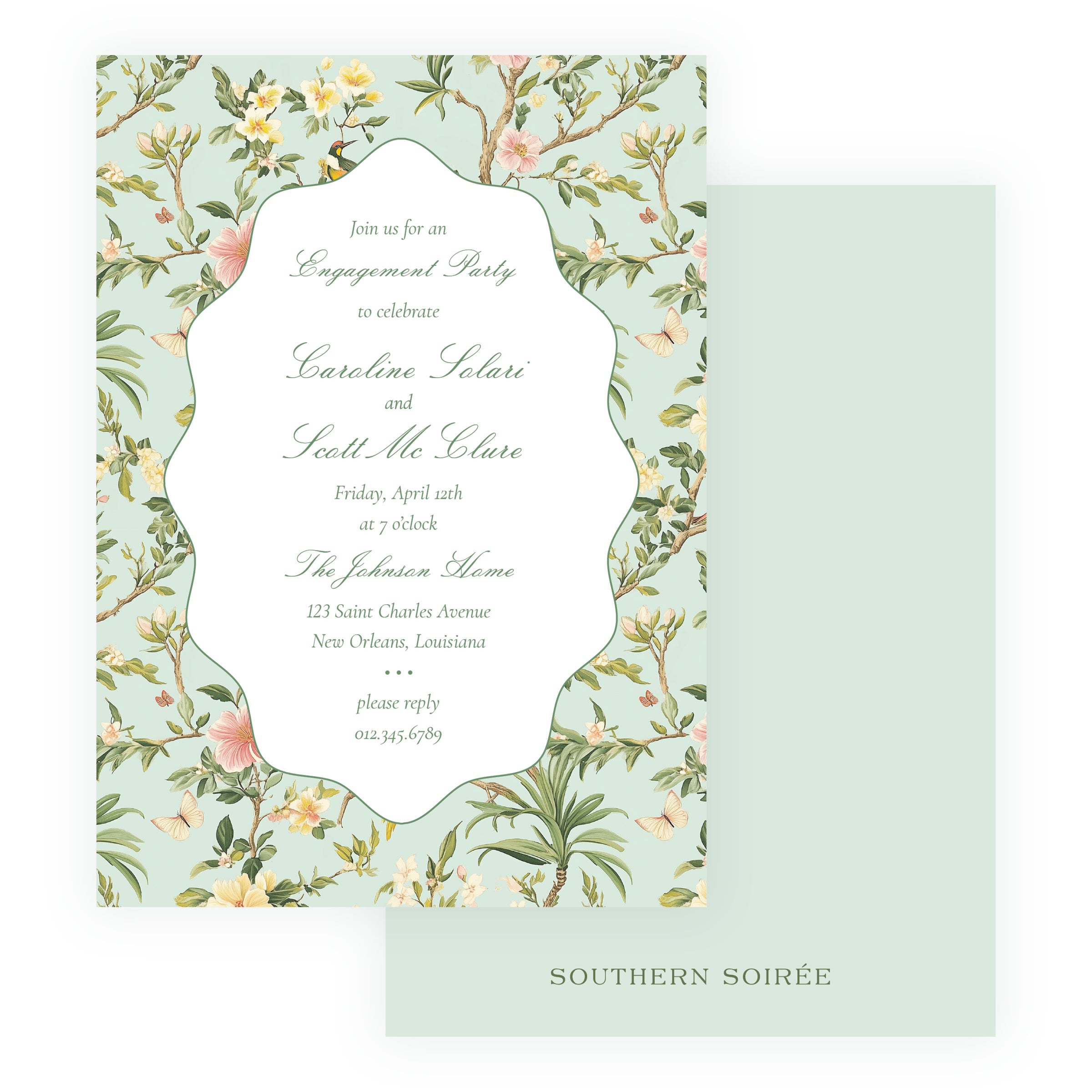 Vintage Green Chinoiserie Wavy Border Invitation