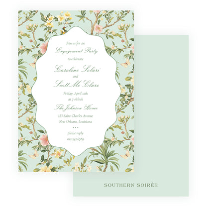 Vintage Green Chinoiserie Wavy Border Invitation