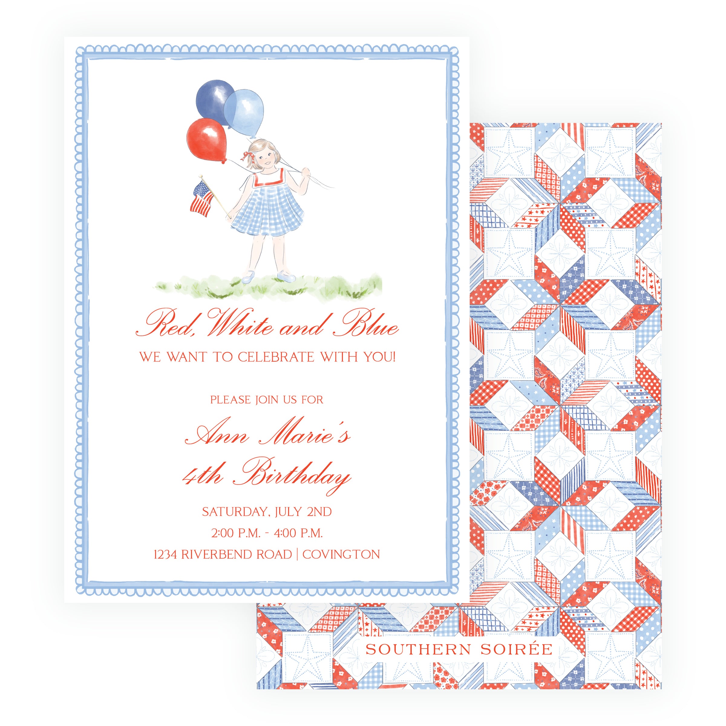 Patriotic girl birthday invitation with blue gingham dress, red and blue balloons, American flag and quilt-patterned back