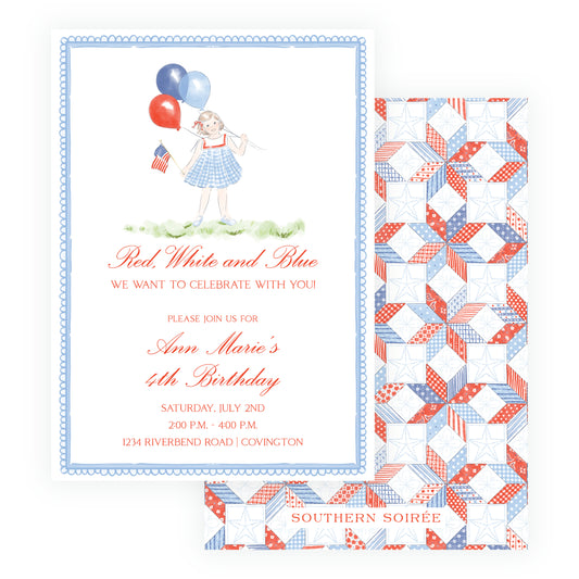 Red white and blue birthday invitation suite with patriotic patchwork backing, watercolor girl holding balloons and American flag, classic southern children’s party invitation with coordinating patterned back design