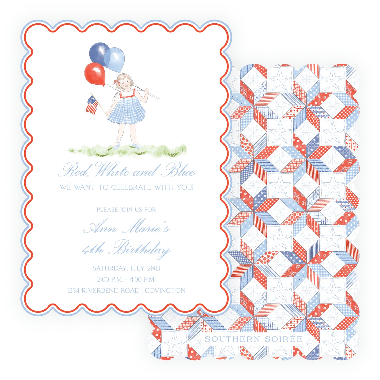 Sweet Liberty Girl with Balloons Scallop Invitation