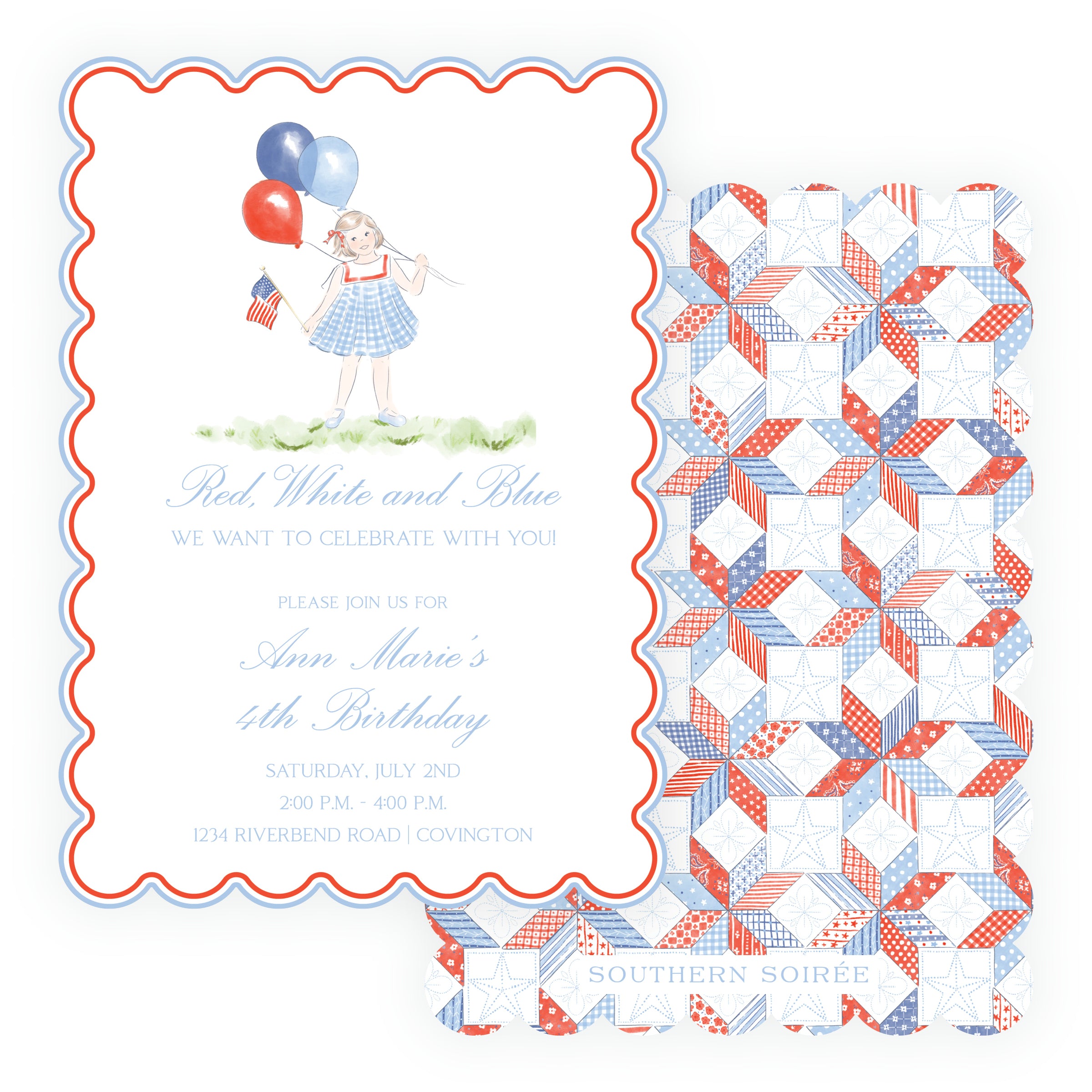 Sweet Liberty Girl with Balloons Scallop Invitation