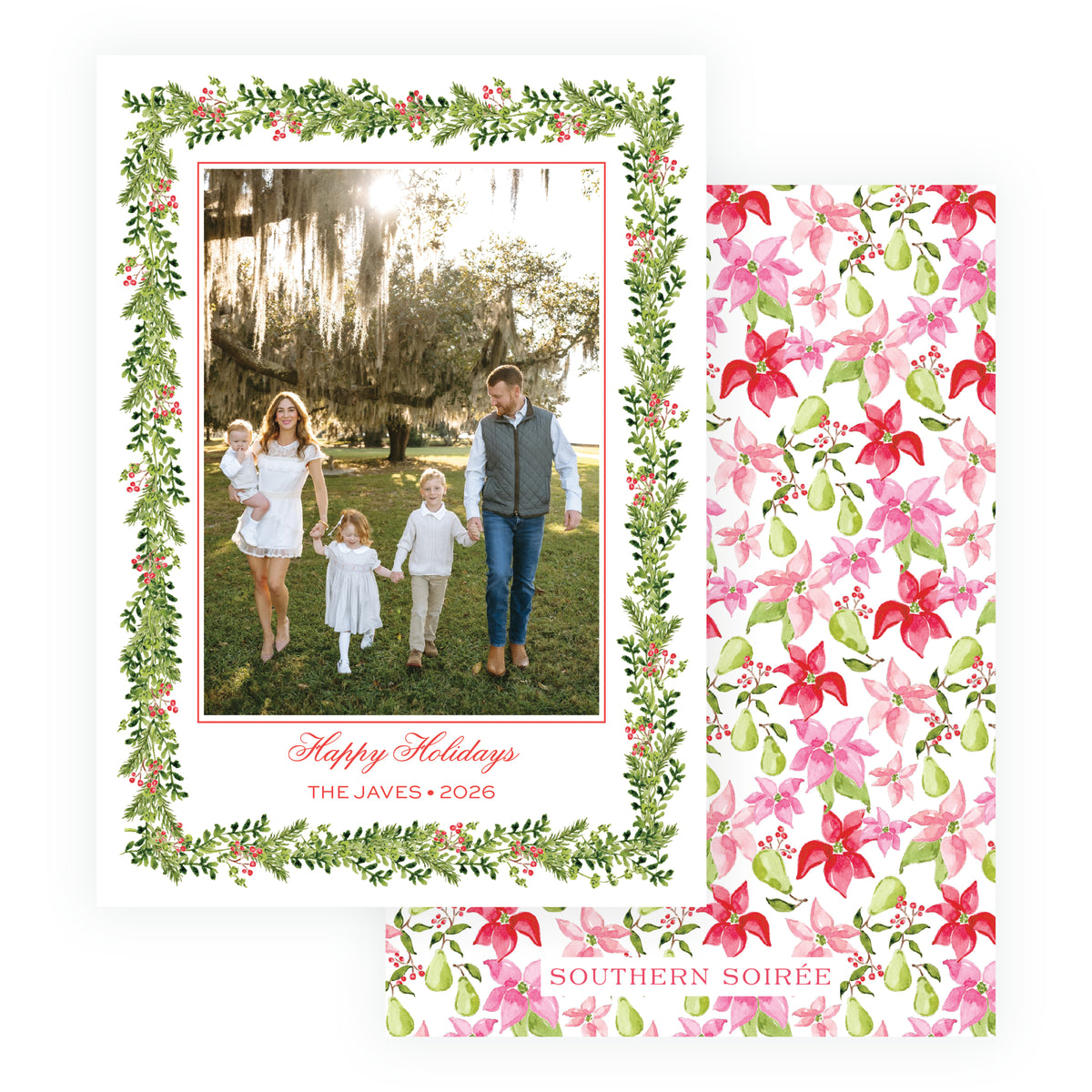 Poinsettia Garden Garland holiday photo card with family photo, watercolor Christmas greenery and red berry border