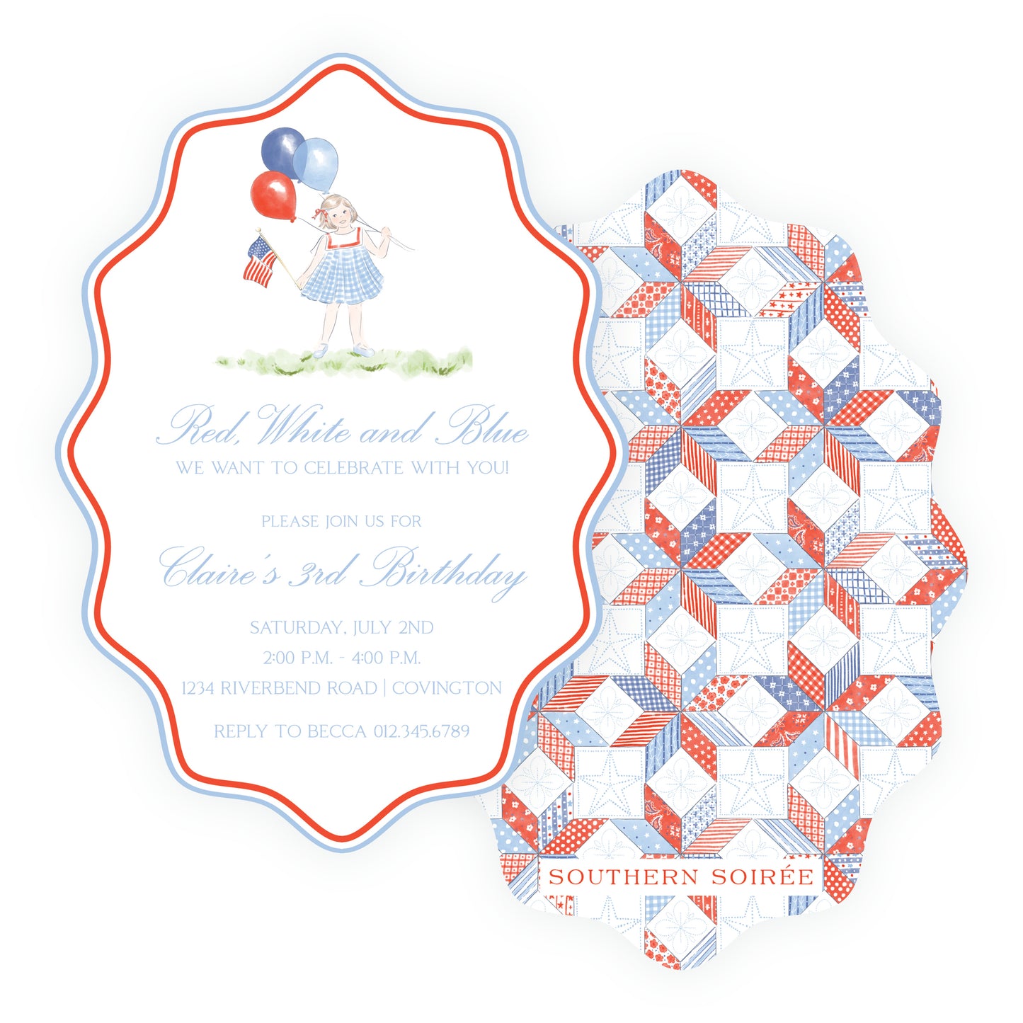Patriotic quilt pattern backing red white blue birthday invitation set Southern Soiree custom printed kids party invitation