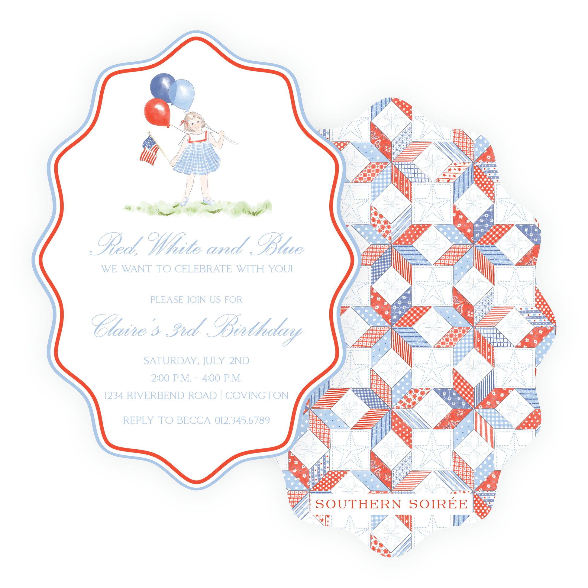 Patriotic quilt pattern backing red white blue birthday invitation set Southern Soiree custom printed kids party invitation
