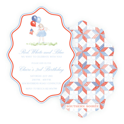 Patriotic quilt pattern backing red white blue birthday invitation set Southern Soiree custom printed kids party invitation