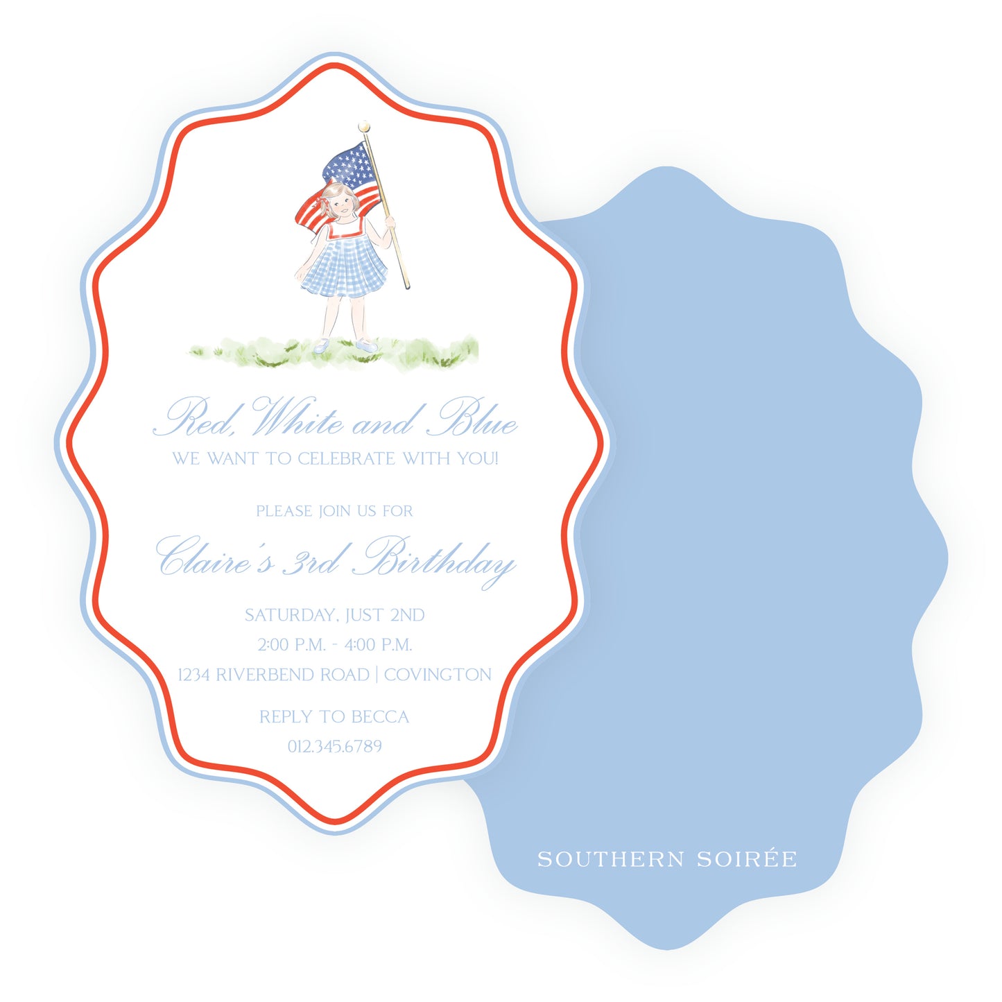 Sweet Liberty Girl with Flag Wavy Oval Invitation