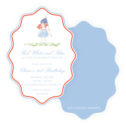 Sweet Liberty Girl with Flag Wavy Oval Invitation