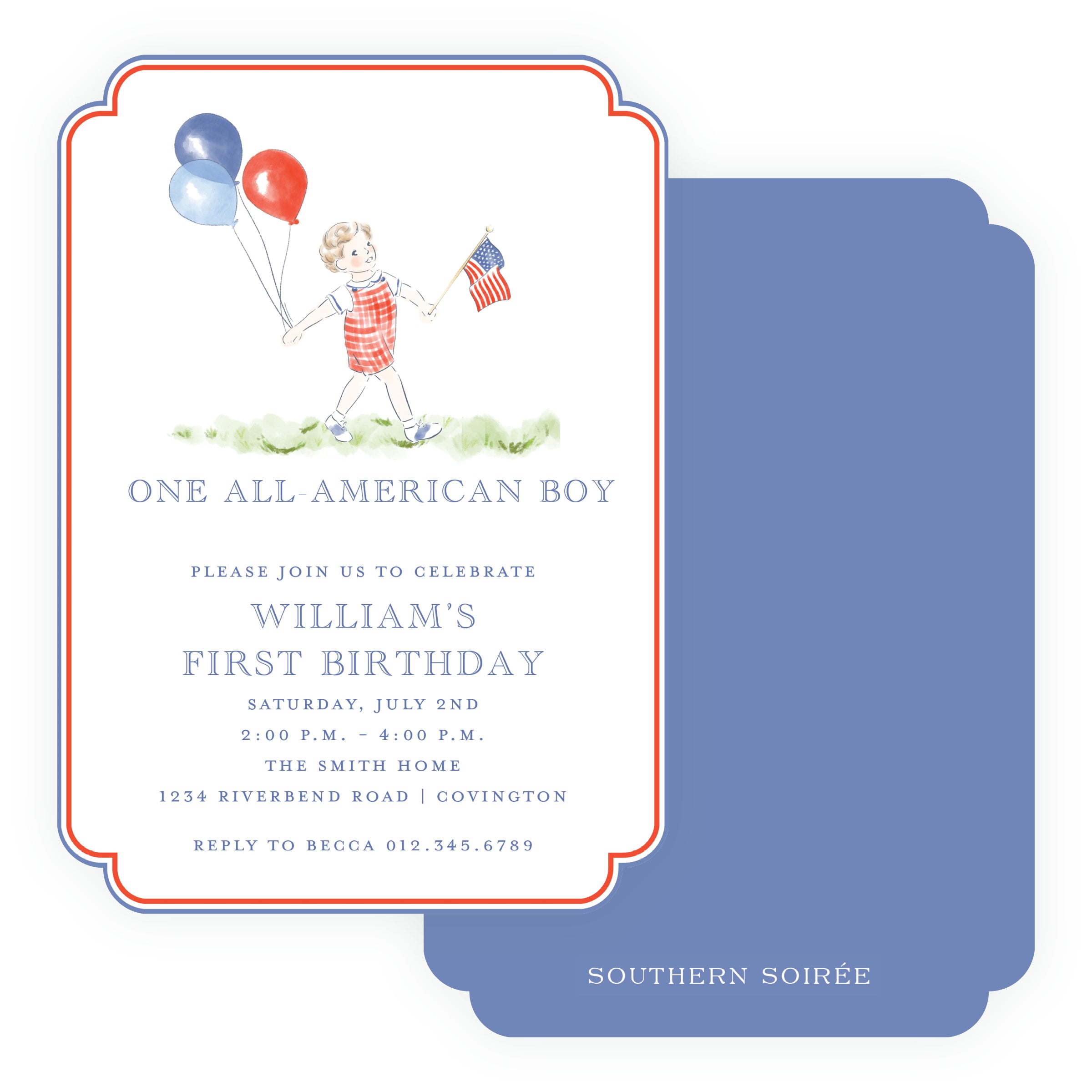 Double-rounded die-cut all-American boy first birthday invitation with red and blue balloons and American flag