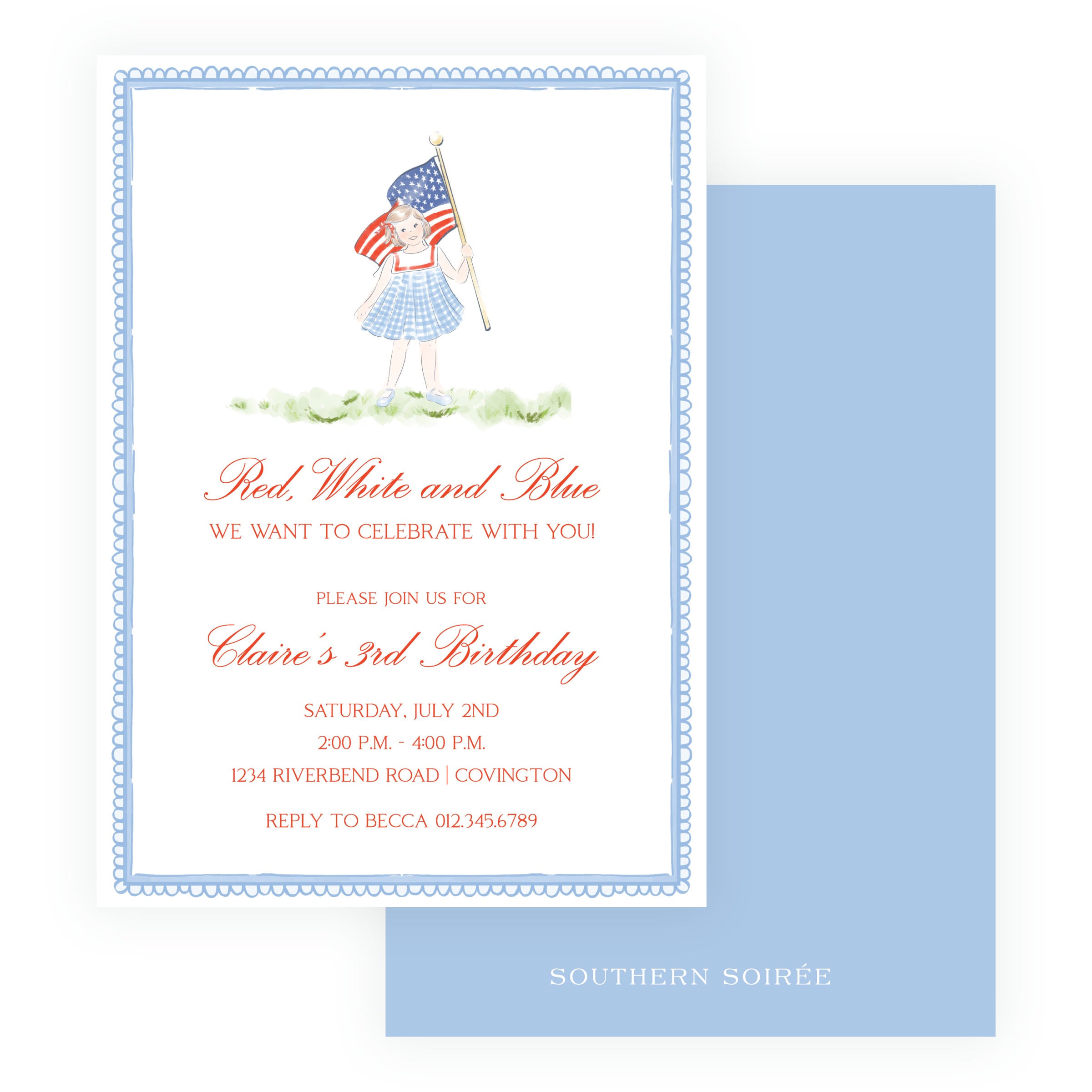 Red white and blue patriotic birthday invitation for girls with watercolor balloon illustration, classic southern children’s party invite with scalloped border and blue backing, custom printed invitation suite