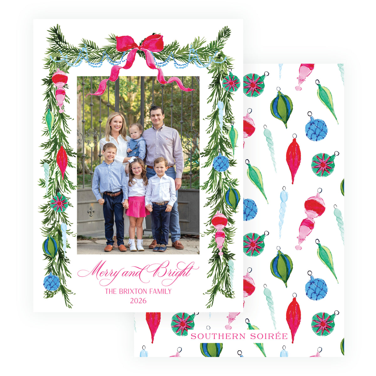 Vintage Cheer Bow Garland portrait Christmas photo card with colorful ornaments, evergreen greenery, festive bow and family photo