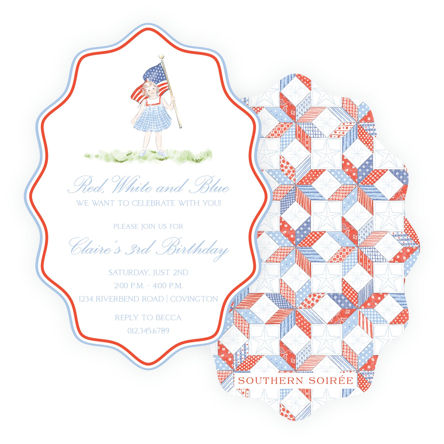Sweet Liberty Girl with Flag Wavy Oval Invitation