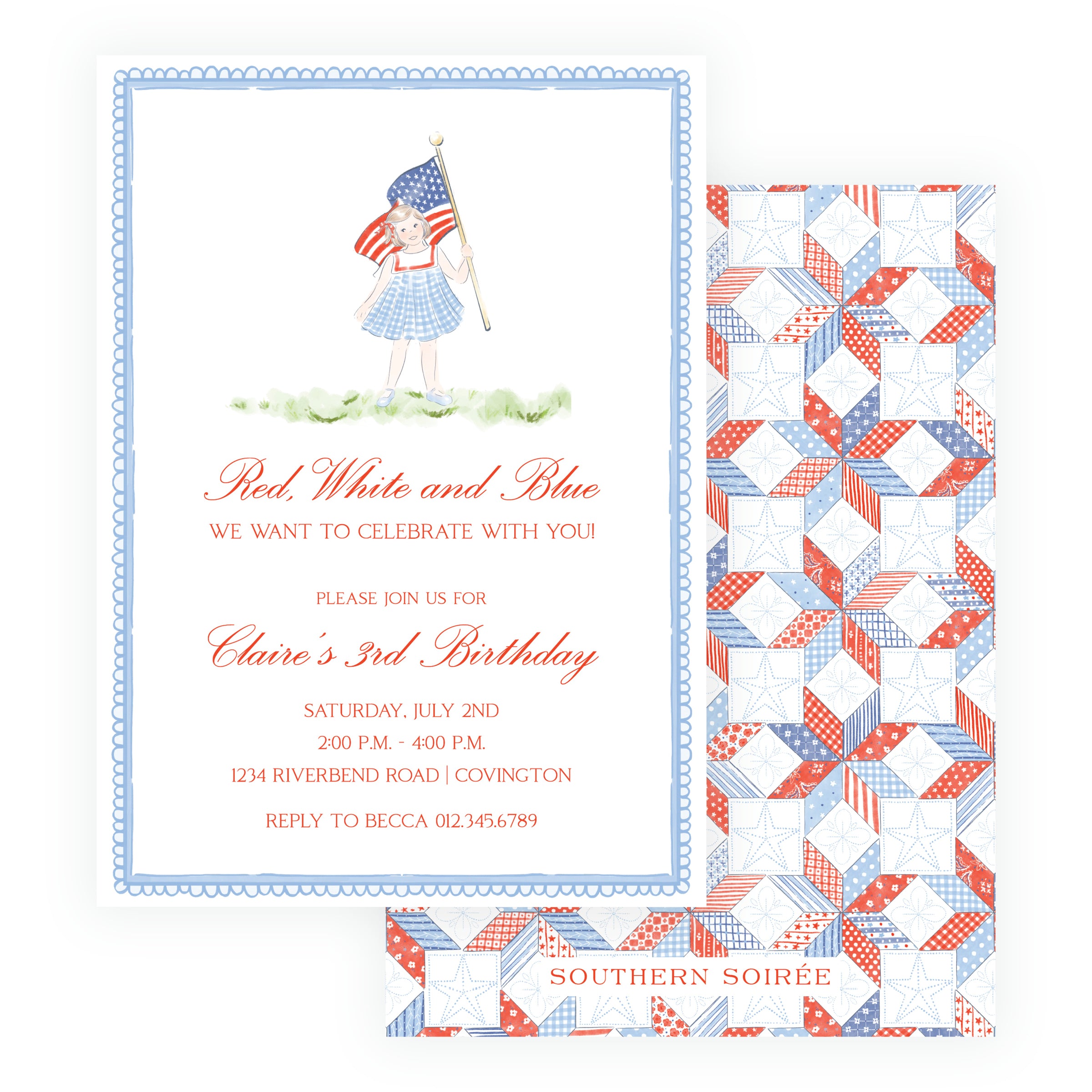 Red, white and blue girl birthday invitation with child in gingham dress holding an American flag and quilt-patterned back