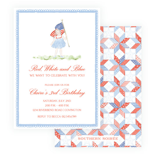 Red white and blue birthday invitation suite with patriotic patchwork backing, watercolor girl holding balloons and American flag, classic southern children’s party invitation with coordinating patterned back design