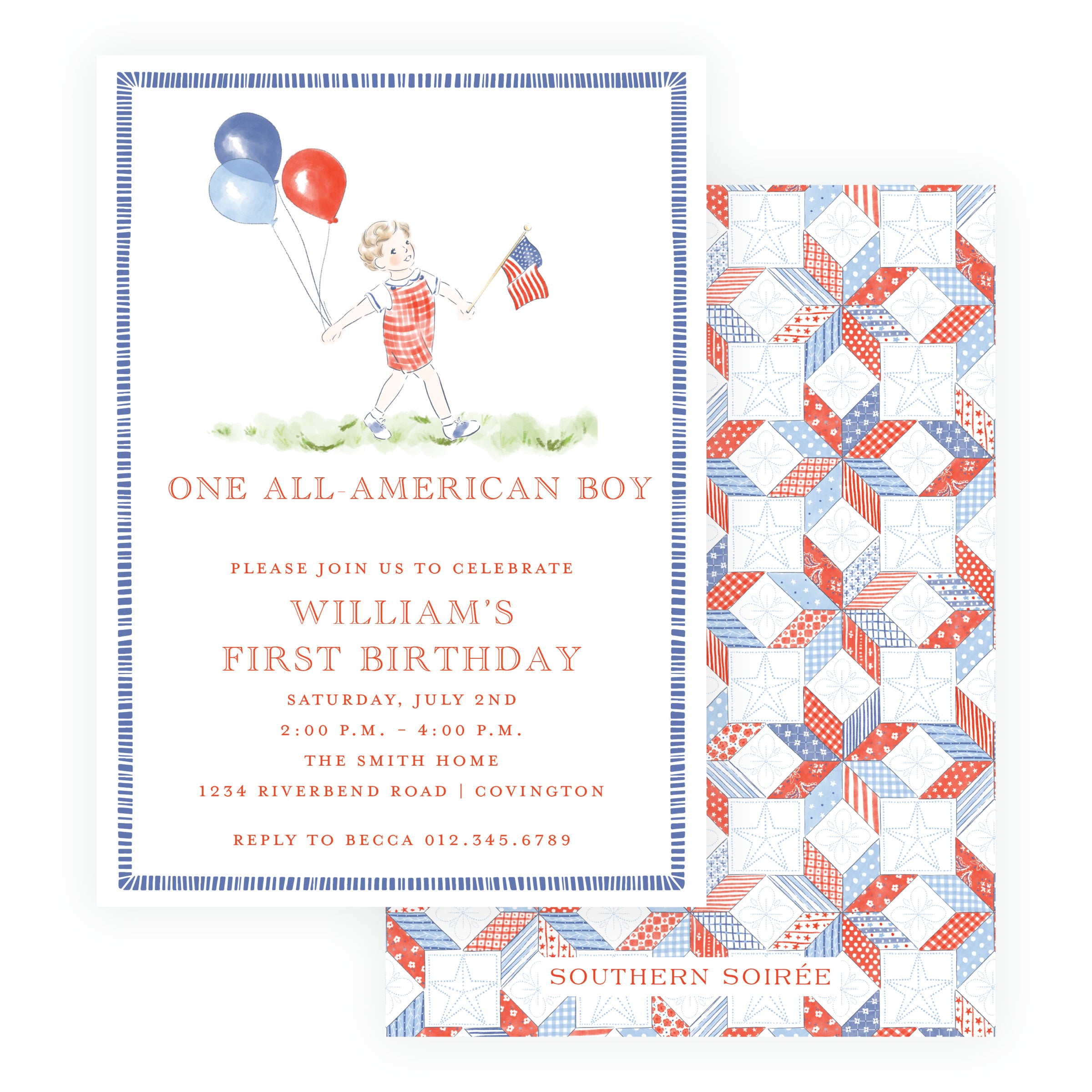 All-American boy first birthday invitation with red and blue balloons, American flag and patriotic quilt-patterned back