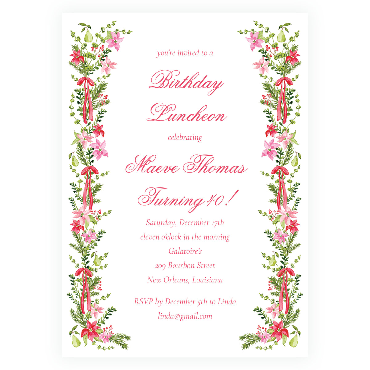 Poinsettia Garden Christmas Birthday Invitation