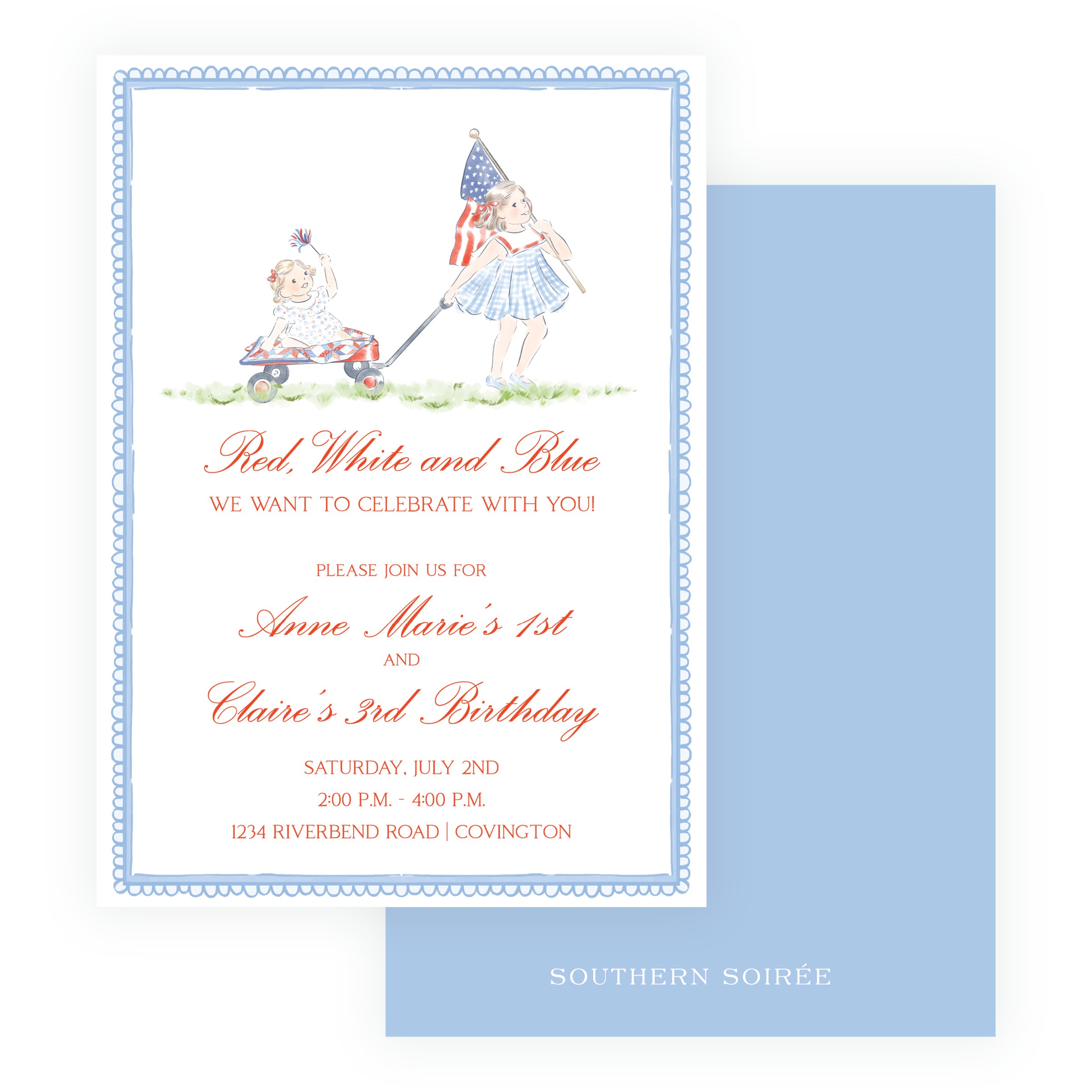 red white and blue birthday invitation suite with vintage children illustration patriotic sibling party invite southern soirée