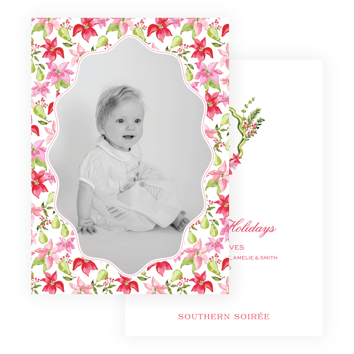Poinsettia Garden Wavy Frame holiday photo card with family photo surrounded by watercolor pink and red poinsettias and greenery