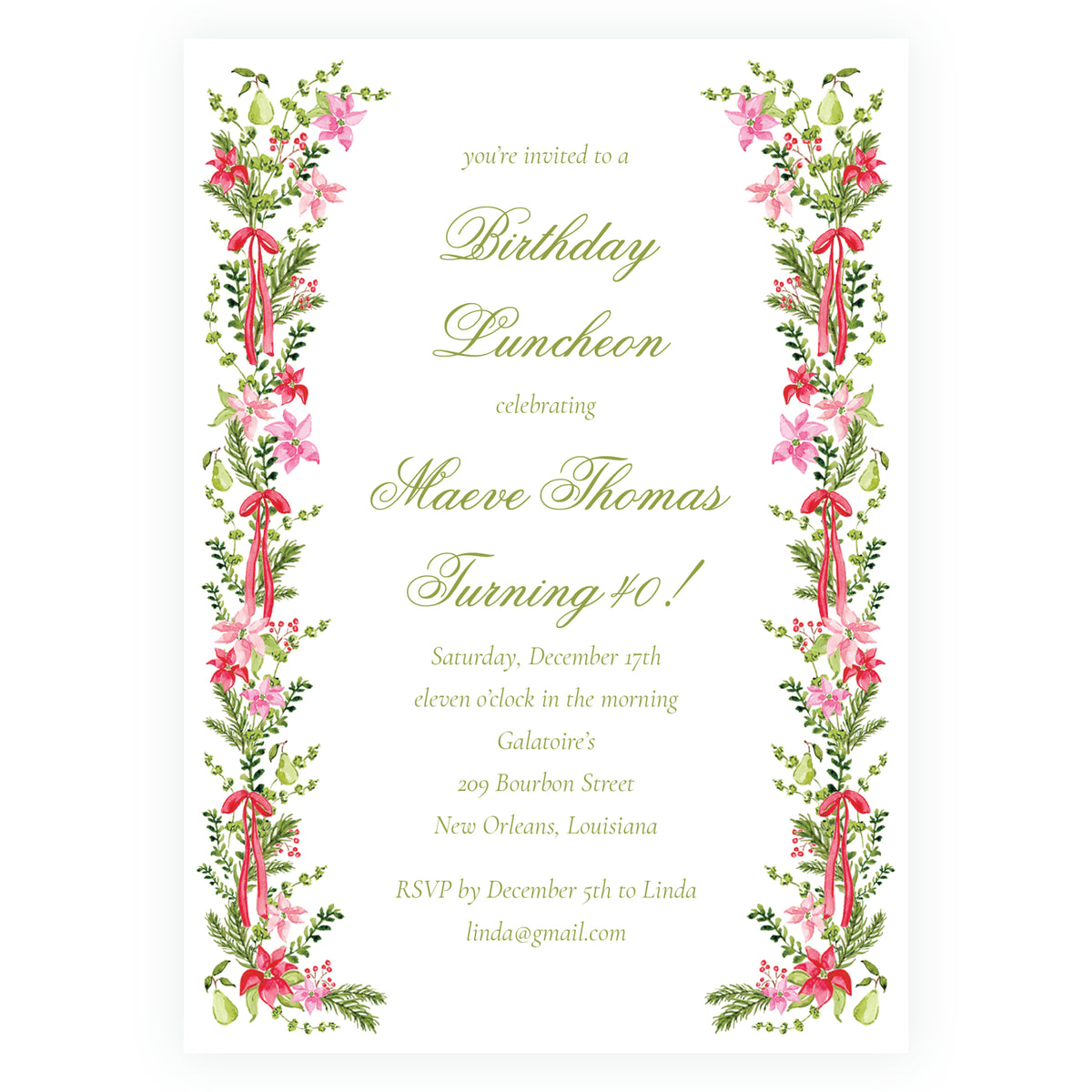 Poinsettia Garden Christmas Birthday Invitation
