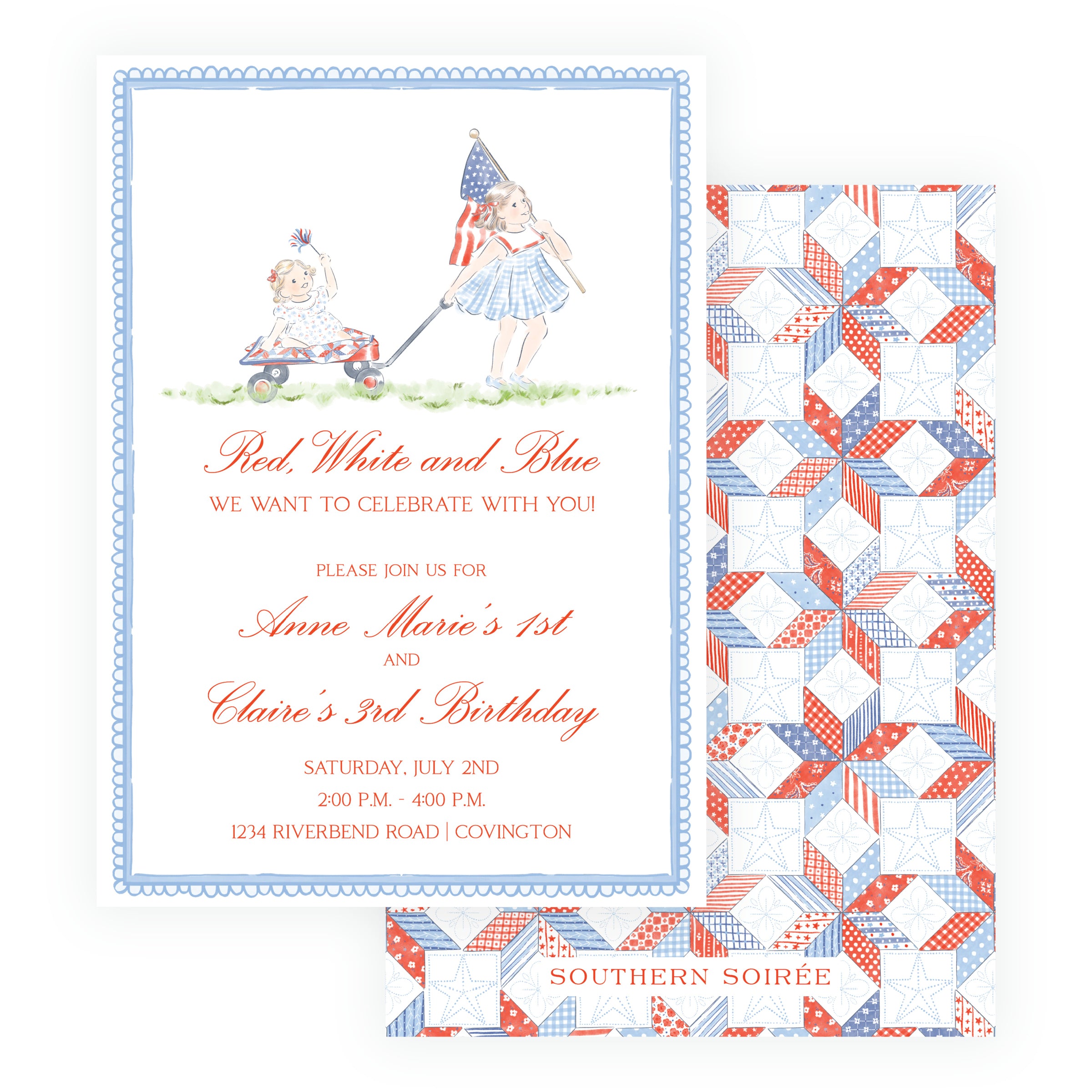 Patriotic girls’ joint birthday invitation with two children, American flag, red wagon and quilt-patterned back