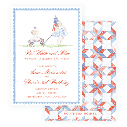 patriotic birthday invitation with red white blue geometric pattern backing vintage children sibling birthday invite southern soirée