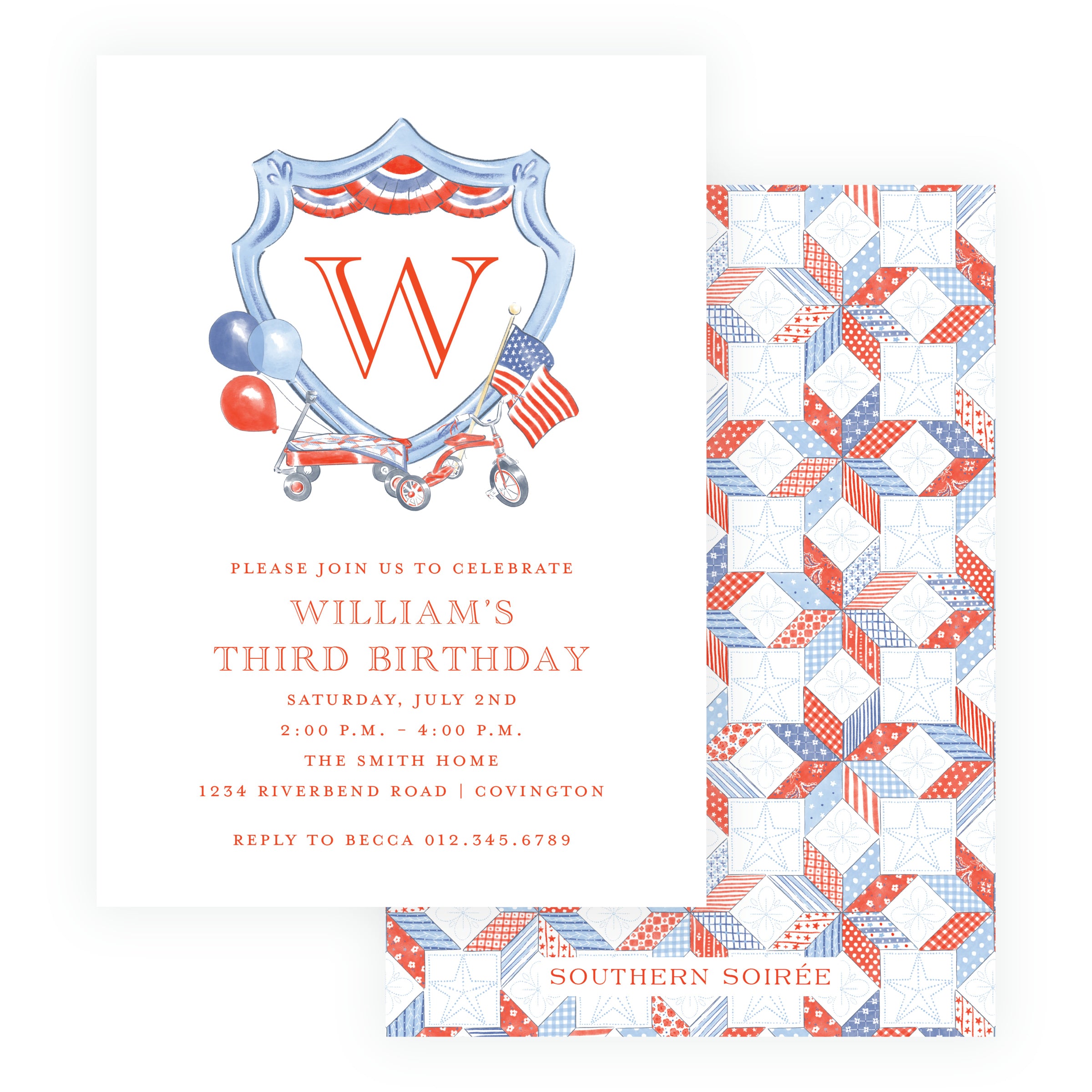 Personalized Americana monogram crest birthday invitation with patriotic bunting, balloons, wagon, tricycle and American flags