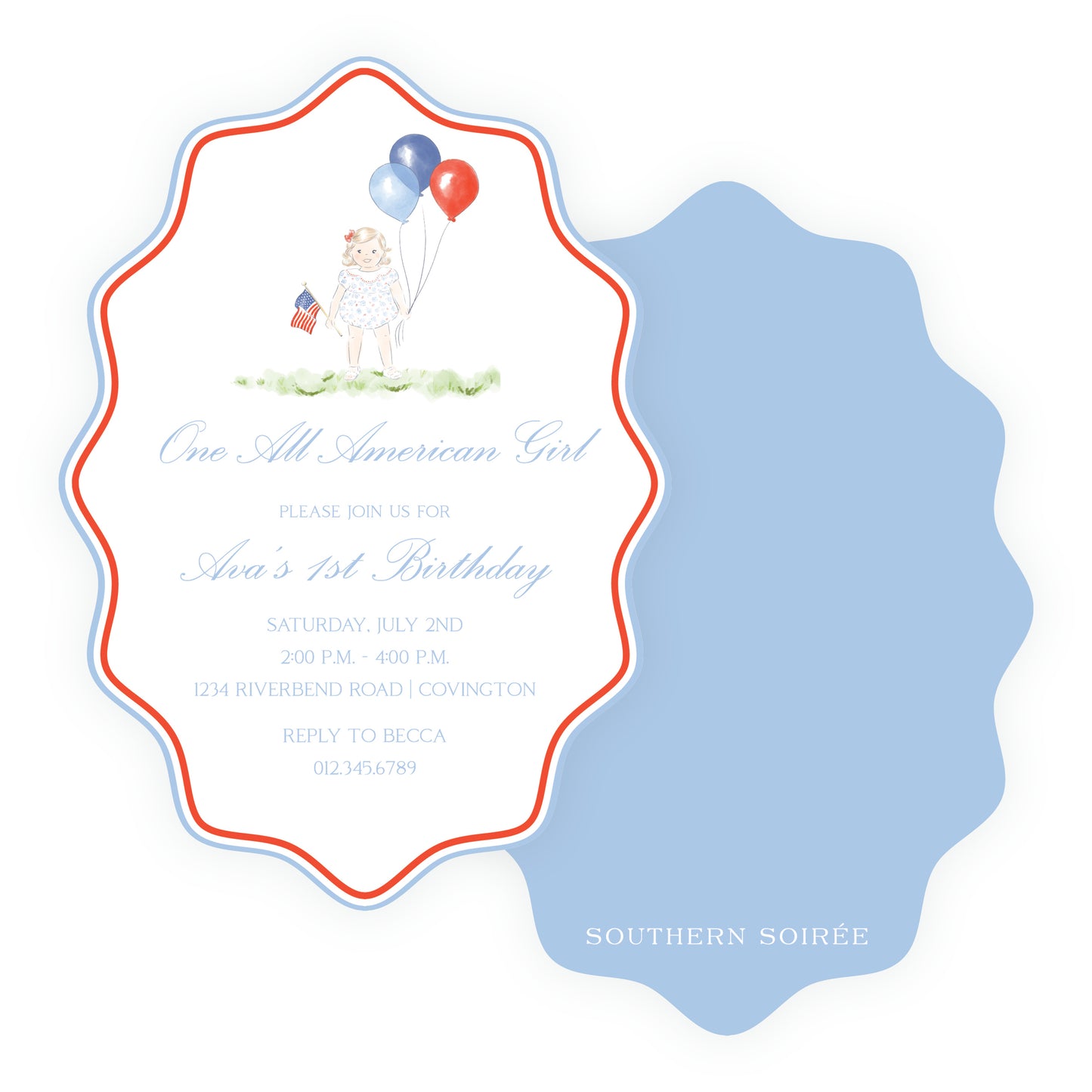 Sweet Liberty Toddler Girl and Balloons Wavy Oval Invitation