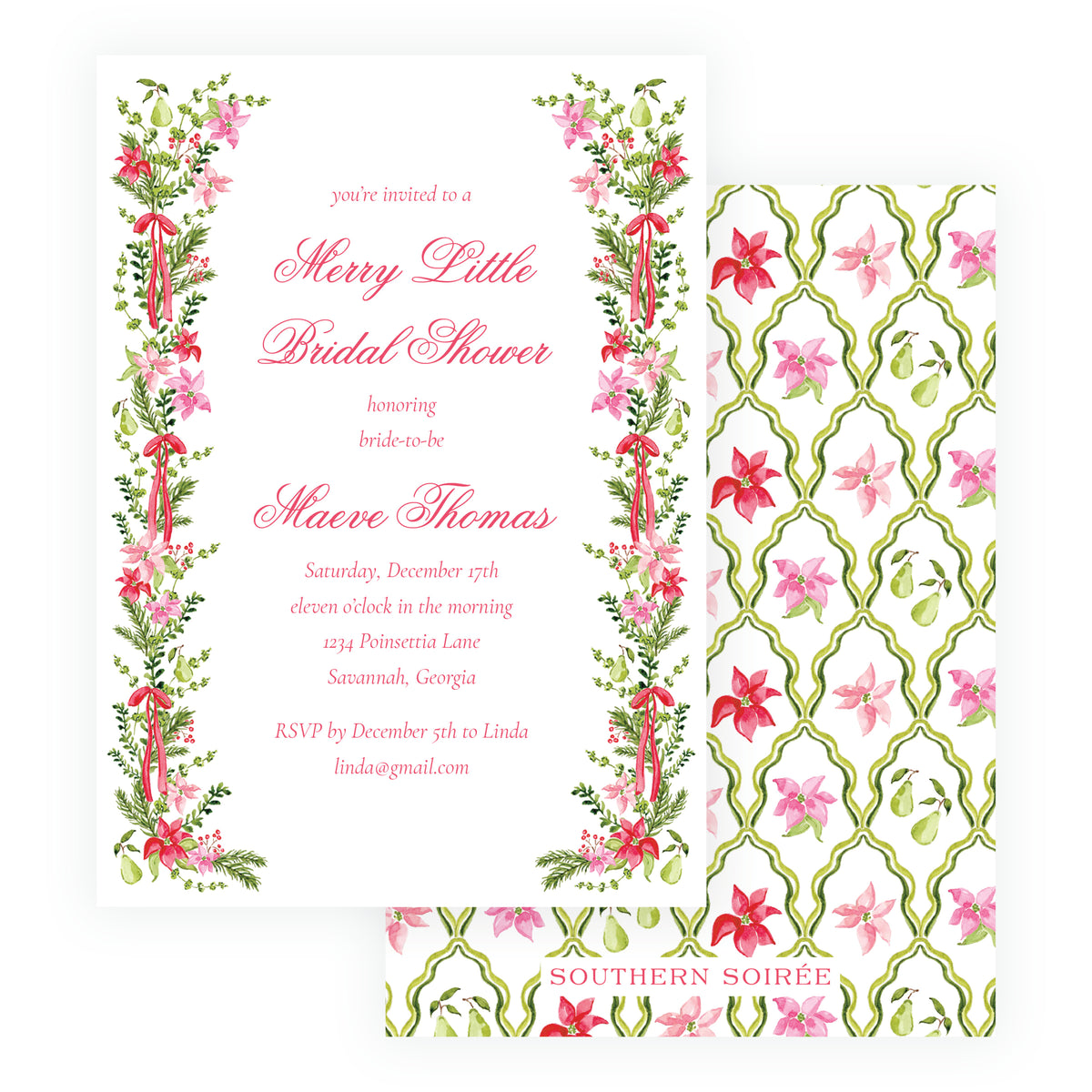 Poinsettia Garden pink and red Christmas bridal shower invitation with watercolor poinsettias, greenery, bows and patterned back