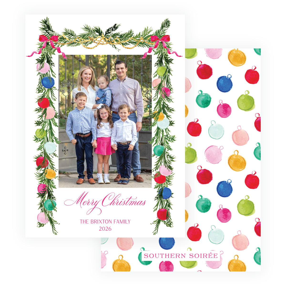 Vintage Cheer portrait Christmas photo card with watercolor greenery, colorful ornaments and personalized family photo