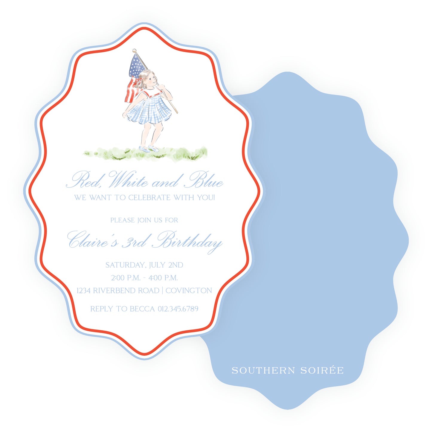 All American girl birthday invitation with watercolor child holding American flags, red script typography, blue scalloped border, patriotic first birthday invitation Southern Soiree
