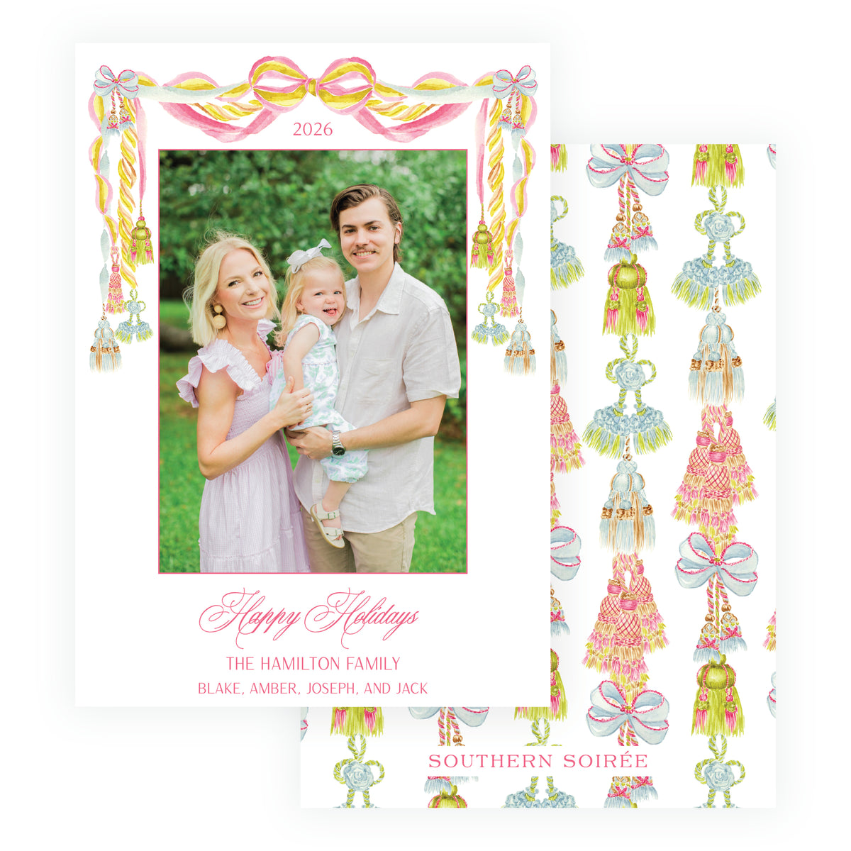 Regency Tassels Christmas photo card with colorful tassel and ribbon garland framing a family photo