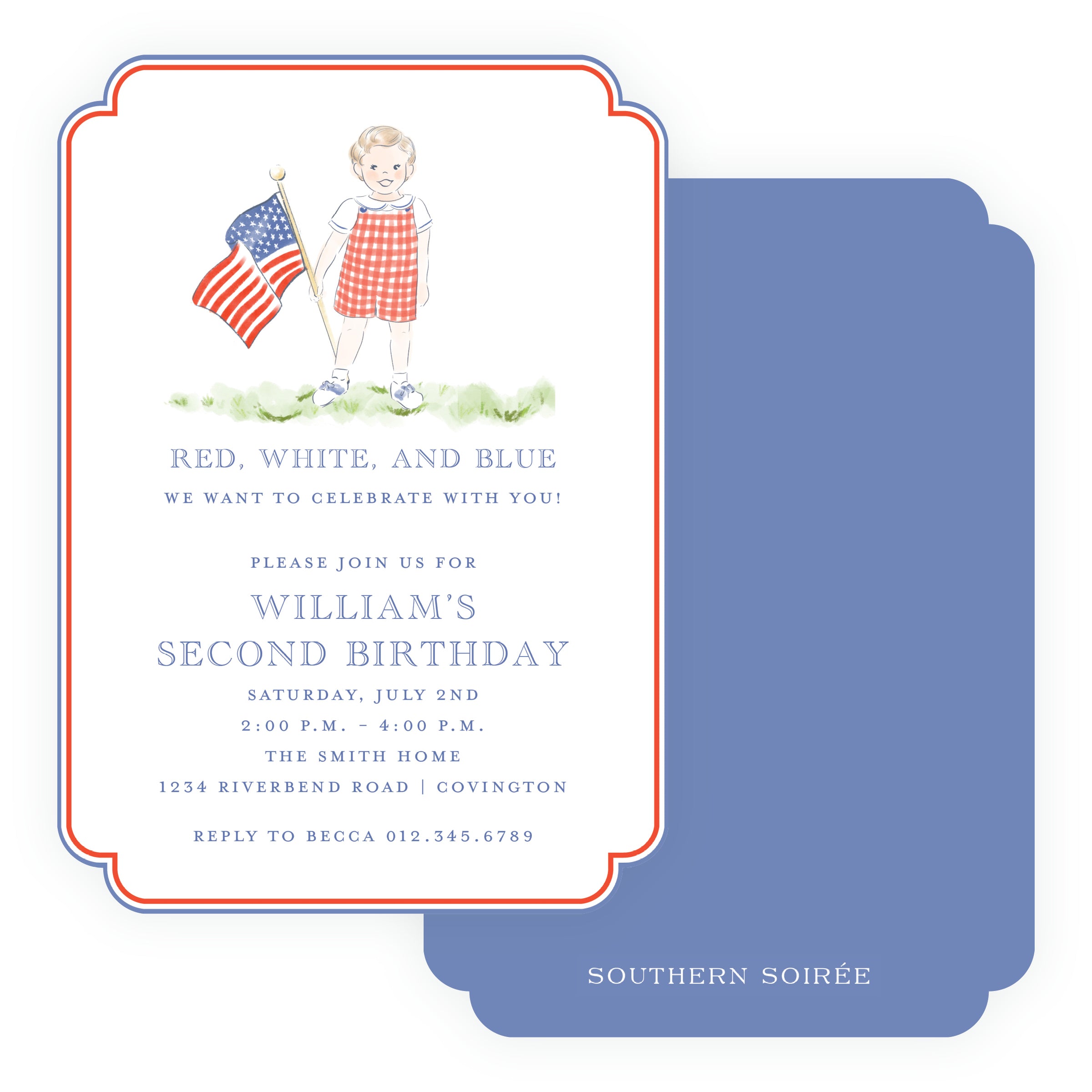 Double-rounded die-cut patriotic boy birthday invitation with child in red gingham holding an American flag