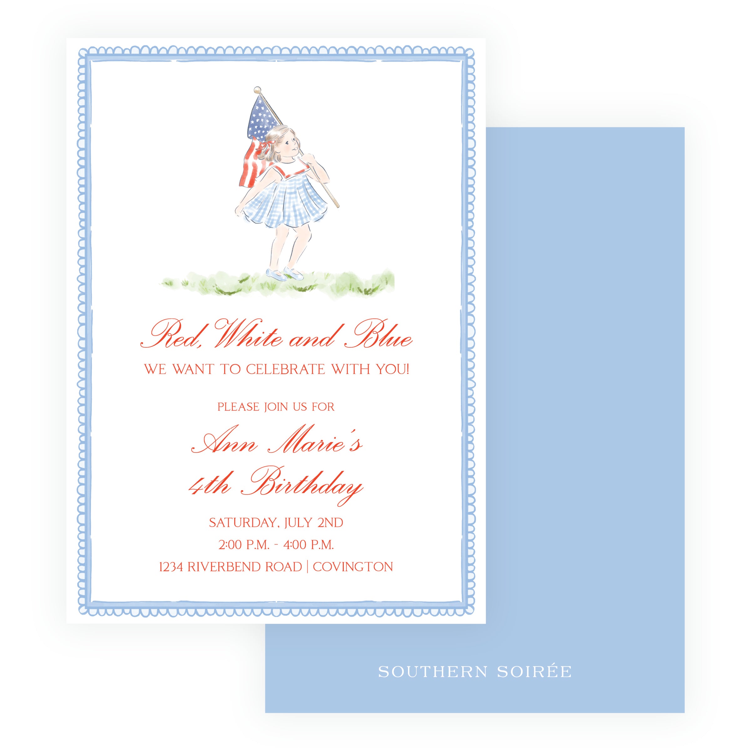 red white blue birthday invitation patriotic children watercolor girl american flag fourth of july party invitation southern stationery