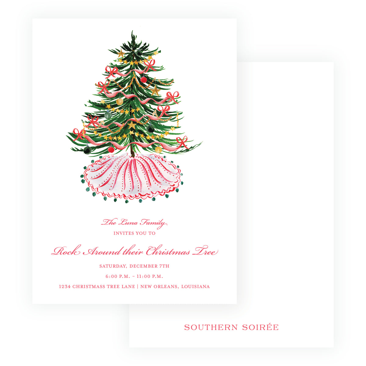 Festive Fir Christmas party invitation featuring a whimsical decorated Christmas tree with colorful ornaments and bows