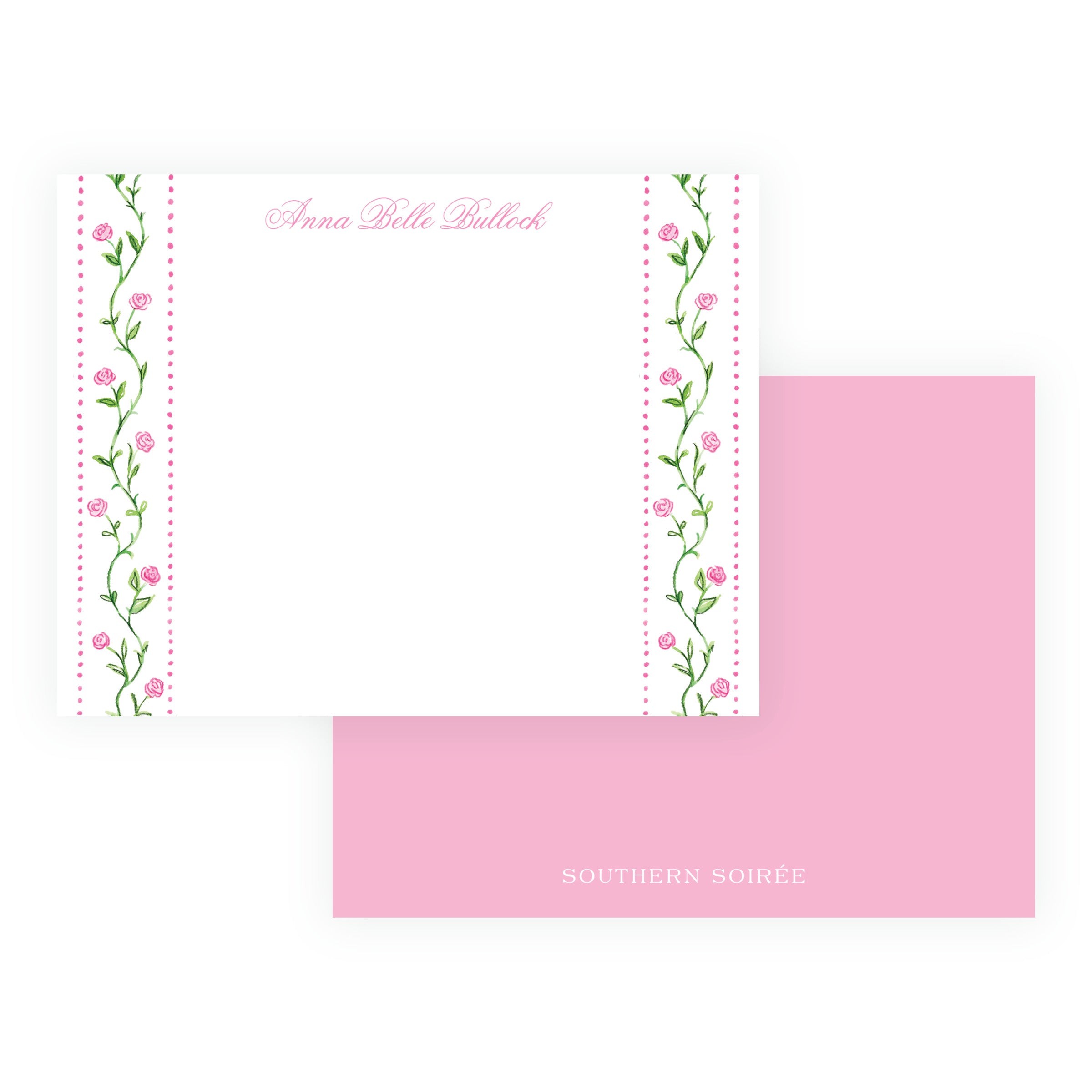 Personalized Tiny Petals pink floral trim note cards