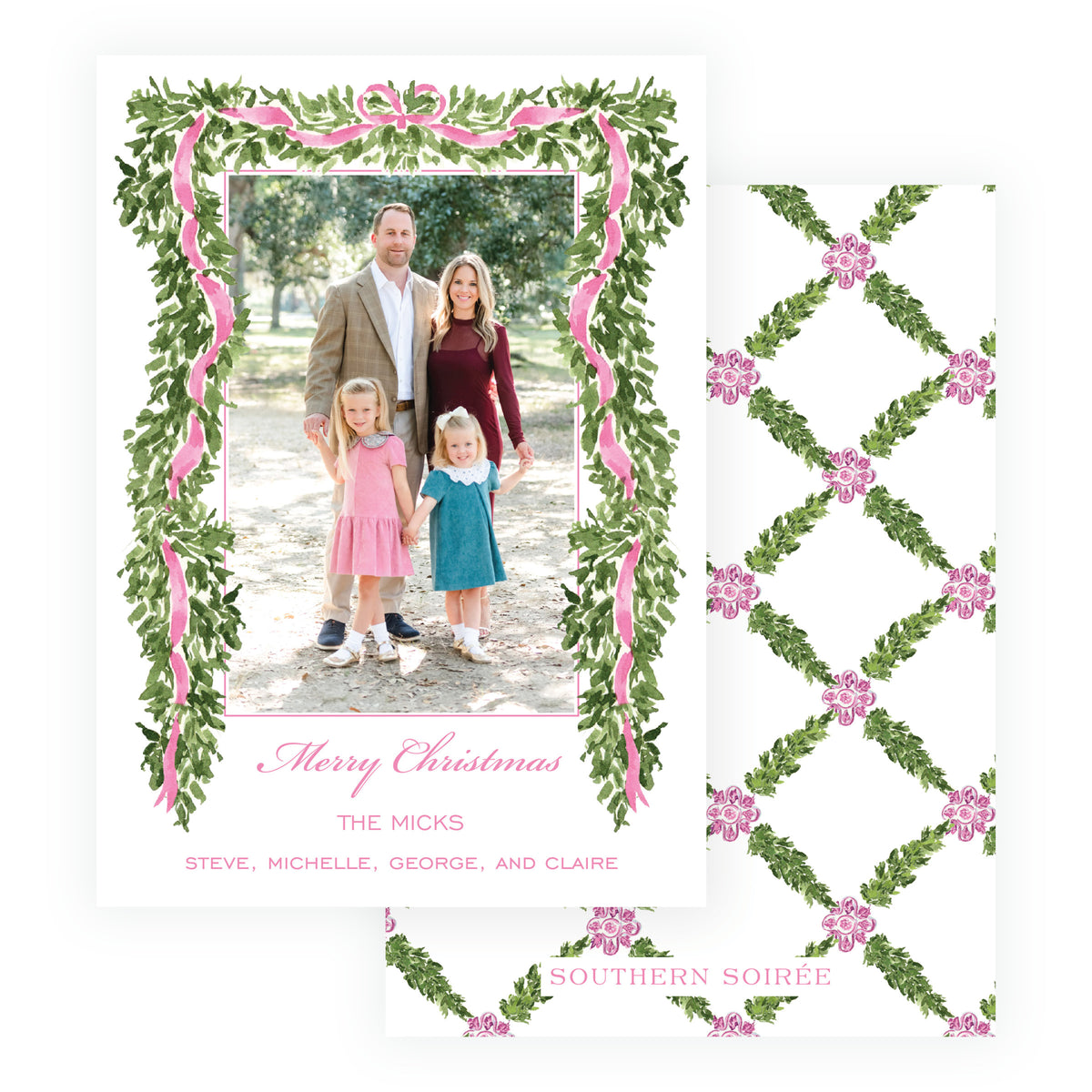 Personalized family Christmas card with evergreen garland and pink ribbon