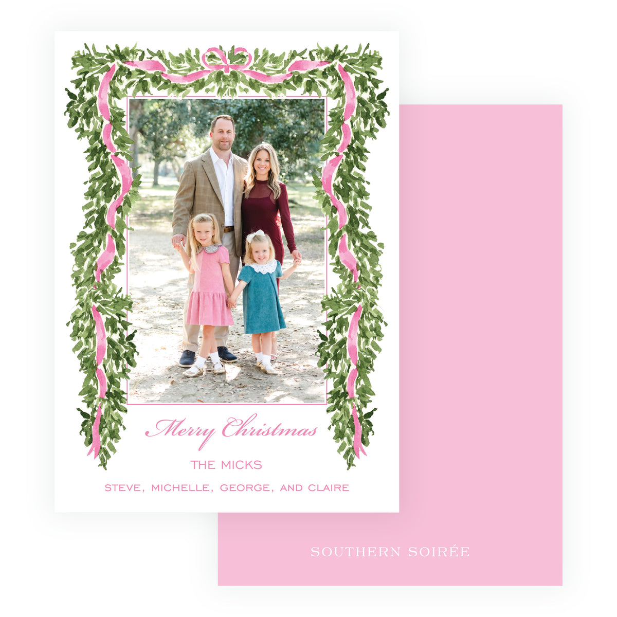 Greenery Christmas photo card with pink ribbon and family photo