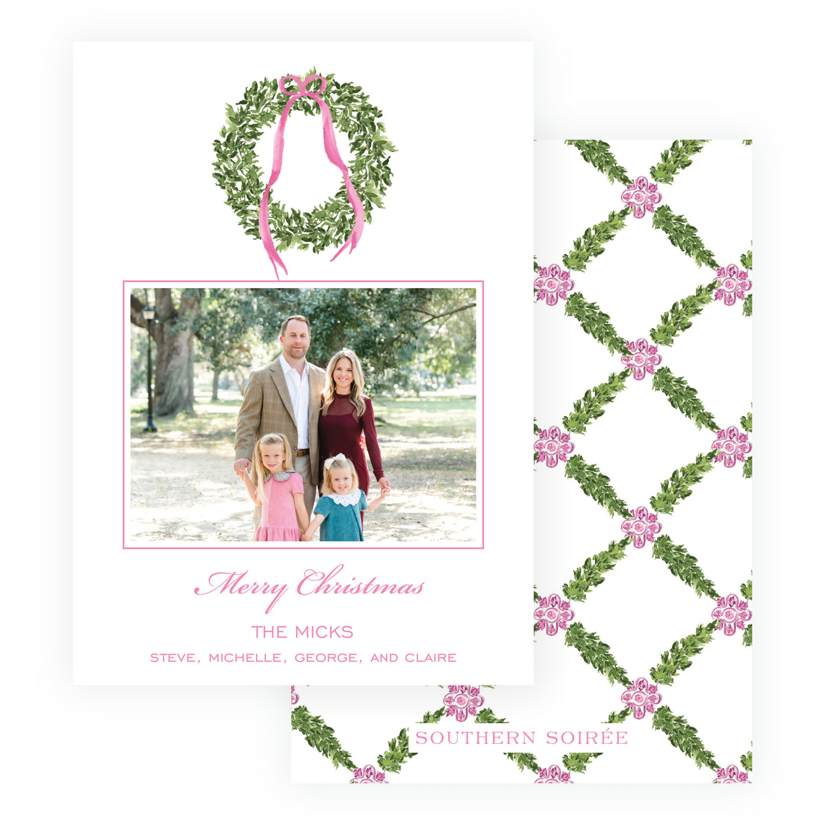 Pink wreath personalized Christmas photo card with watercolor evergreen greenery