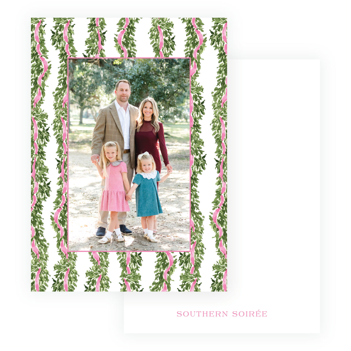 Decked in Garland pink patterned personalized holiday photo card