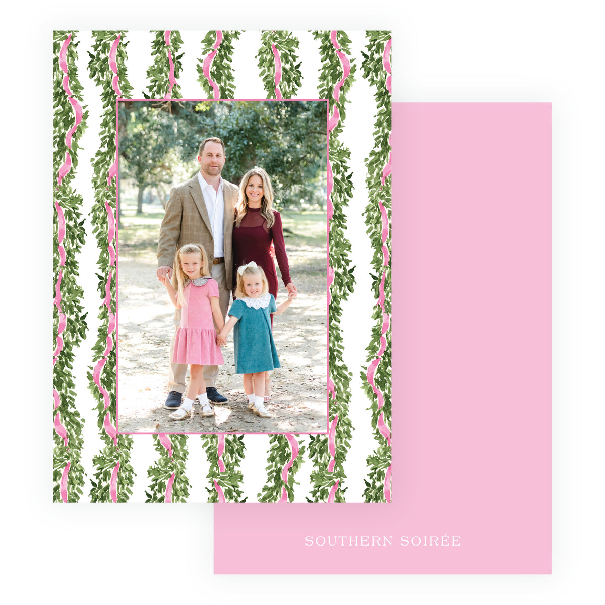 Repeating watercolor evergreen garland and pink ribbon Christmas card