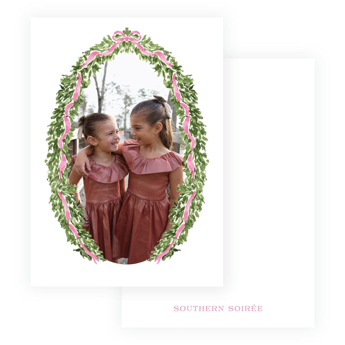 Pink oval garland personalized Christmas photo card with watercolor greenery