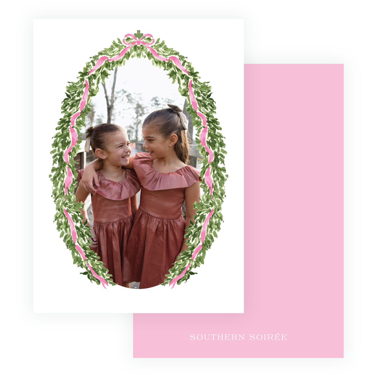 Decked in Garland – Pink Oval Garland Personalized Christmas Photo Card