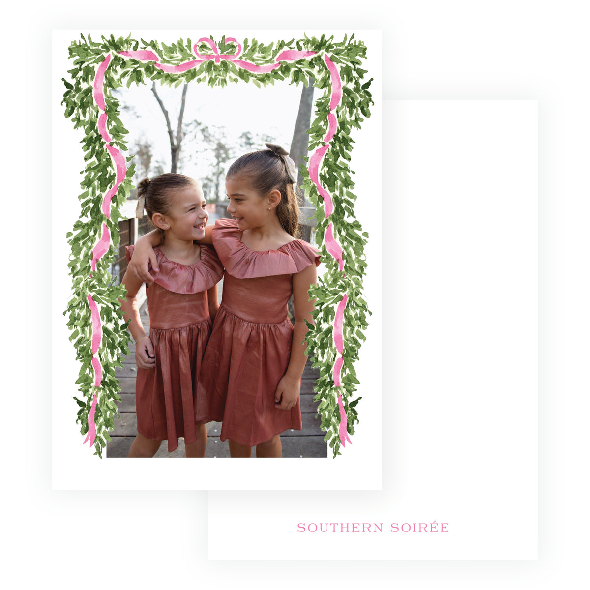Watercolor evergreen garland frame Christmas card with pink bow