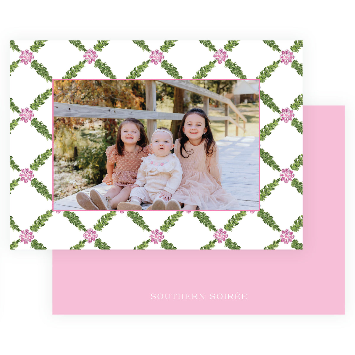 Decked in Garland pink lattice personalized holiday photo card