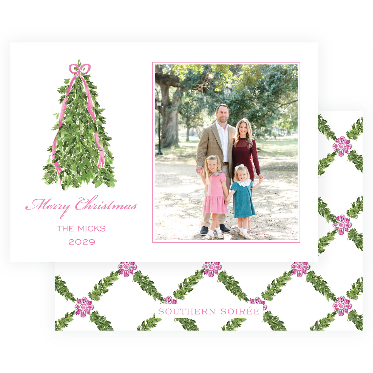 Decked in Garland – Pink Christmas Tree Landscape Personalized Christmas Photo Card